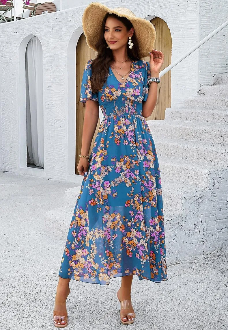 Women Floral Maxi Dress, V-Neck Short Sleeve Empire Waist Summer Boho Flowy Smocked Long Dress