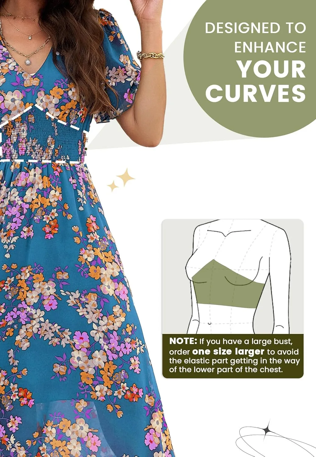 Women Floral Maxi Dress, V-Neck Short Sleeve Empire Waist Summer Boho Flowy Smocked Long Dress