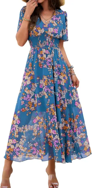 Women Floral Maxi Dress, V-Neck Short Sleeve Empire Waist Summer Boho Flowy Smocked Long Dress
