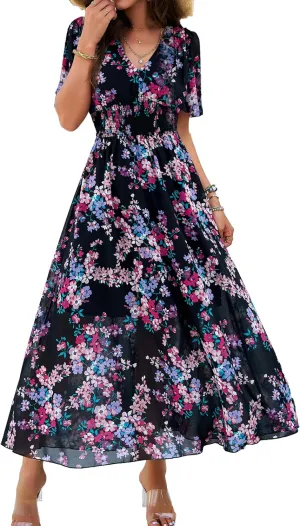 Women Floral Maxi Dress, V-Neck Short Sleeve Empire Waist Summer Boho Flowy Smocked Long Dress
