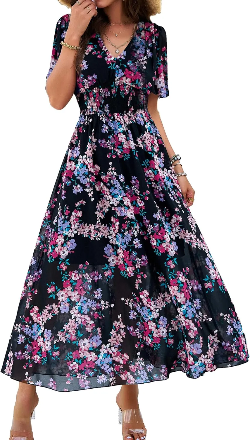 Women Floral Maxi Dress, V-Neck Short Sleeve Empire Waist Summer Boho Flowy Smocked Long Dress