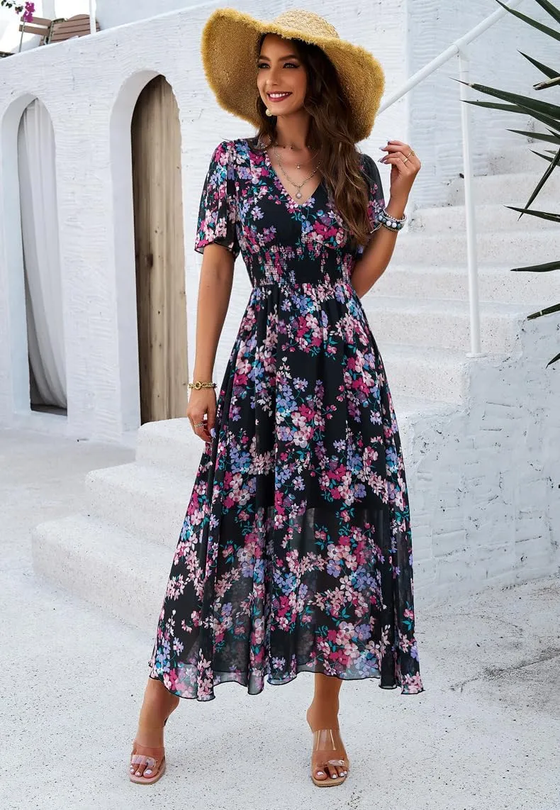 Women Floral Maxi Dress, V-Neck Short Sleeve Empire Waist Summer Boho Flowy Smocked Long Dress