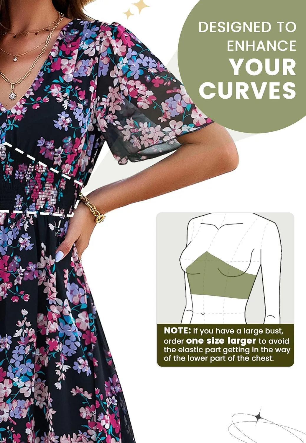 Women Floral Maxi Dress, V-Neck Short Sleeve Empire Waist Summer Boho Flowy Smocked Long Dress