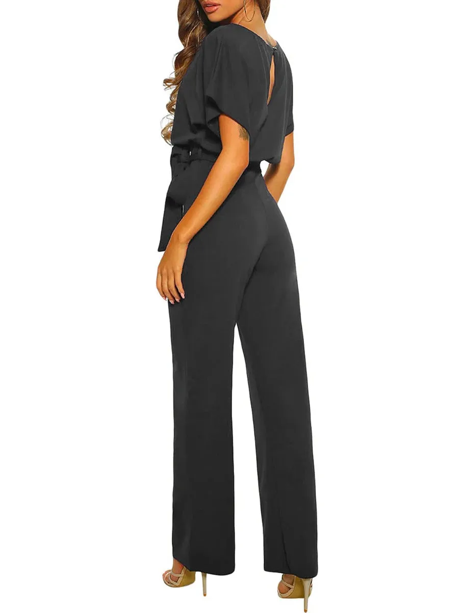 Women Jumpsuits Elegant Solid Color Flare Short Sleeve Waist Tie Wide Leg Pants Romper Summer Streetwear
