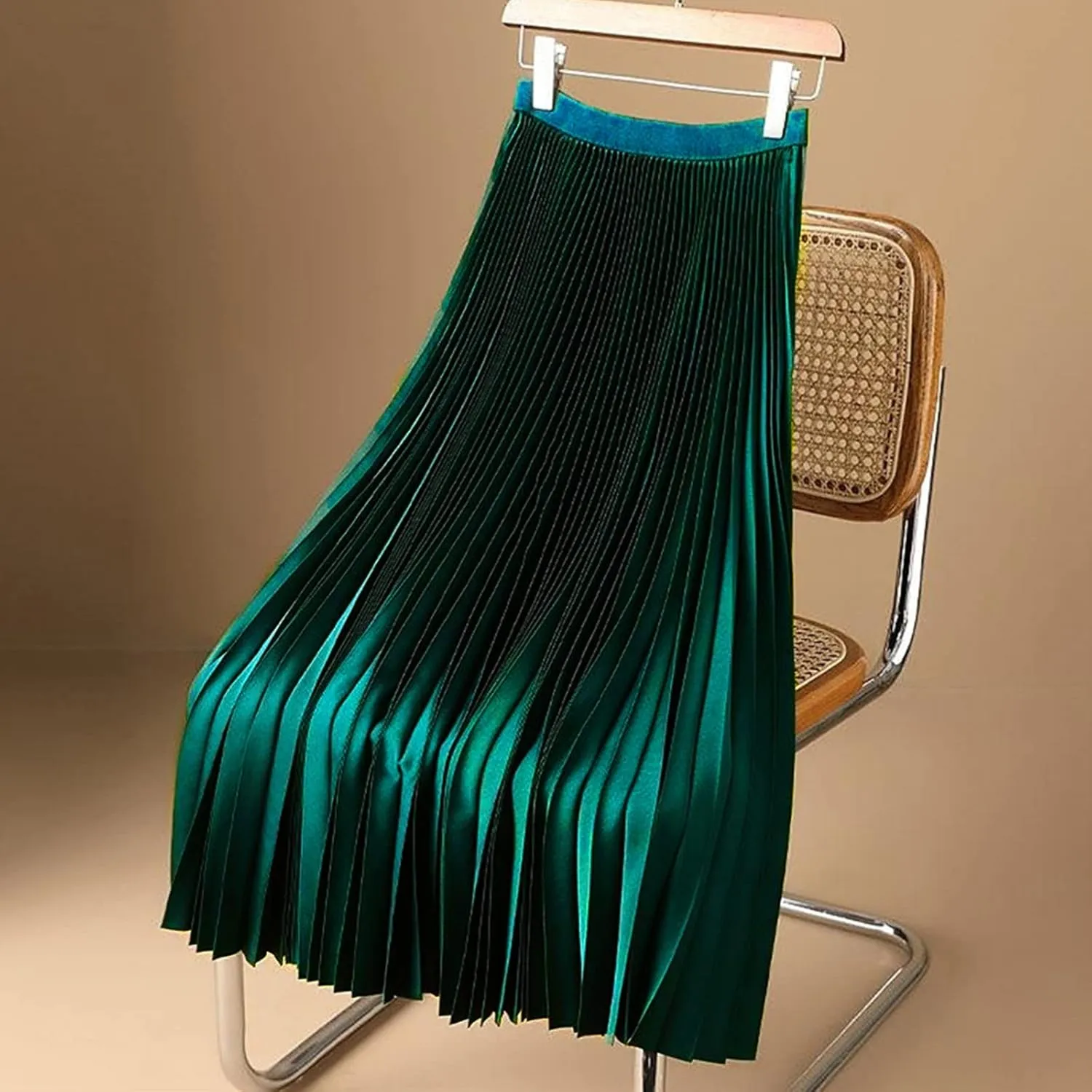 Women Satin Pleated Midi Skirts Elastic High Waisted Plus Size Boho Skirt Elegant Stretch A Line Long Dress