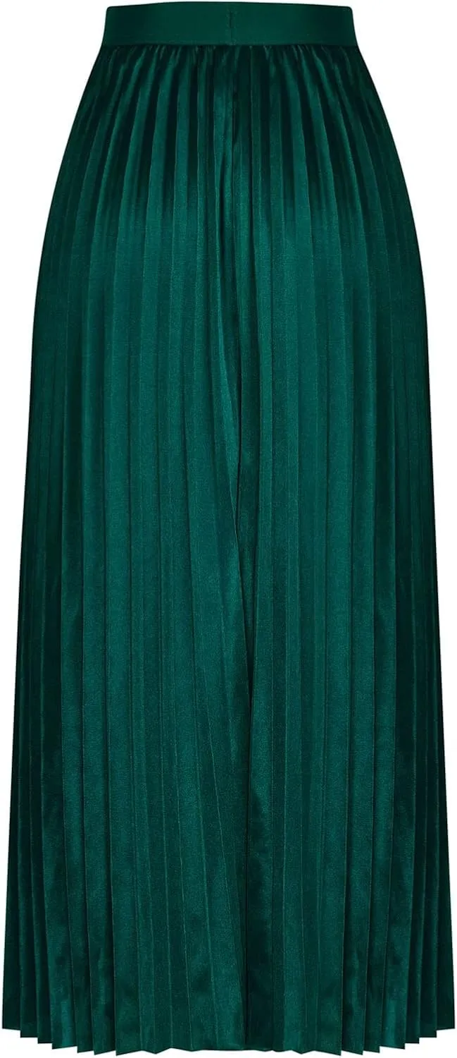 Women Satin Pleated Midi Skirts Elastic High Waisted Plus Size Boho Skirt Elegant Stretch A Line Long Dress