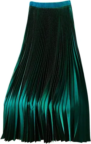 Women Satin Pleated Midi Skirts Elastic High Waisted Plus Size Boho Skirt Elegant Stretch A Line Long Dress