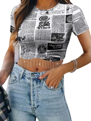 Womens Nashville Sparkly Glitter Fringe Short Sleeve Cropped Top Raceback Ribbed Crop Tank Tops with Rhinestone Tassel