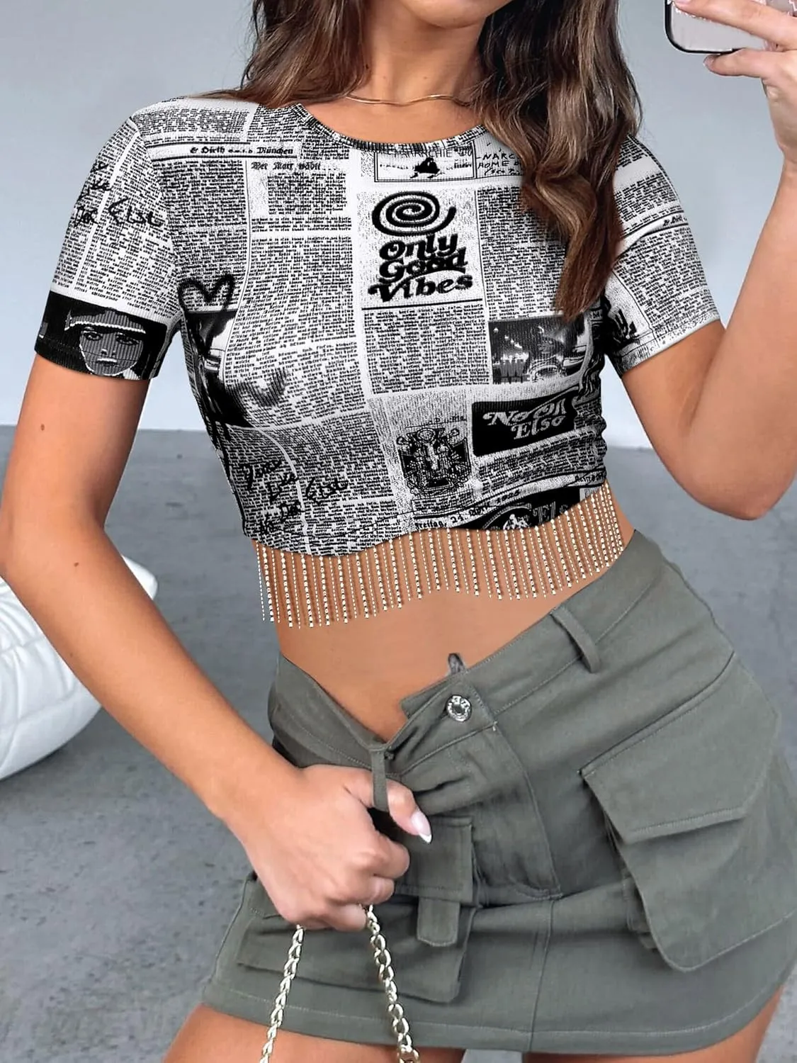 Womens Nashville Sparkly Glitter Fringe Short Sleeve Cropped Top Raceback Ribbed Crop Tank Tops with Rhinestone Tassel