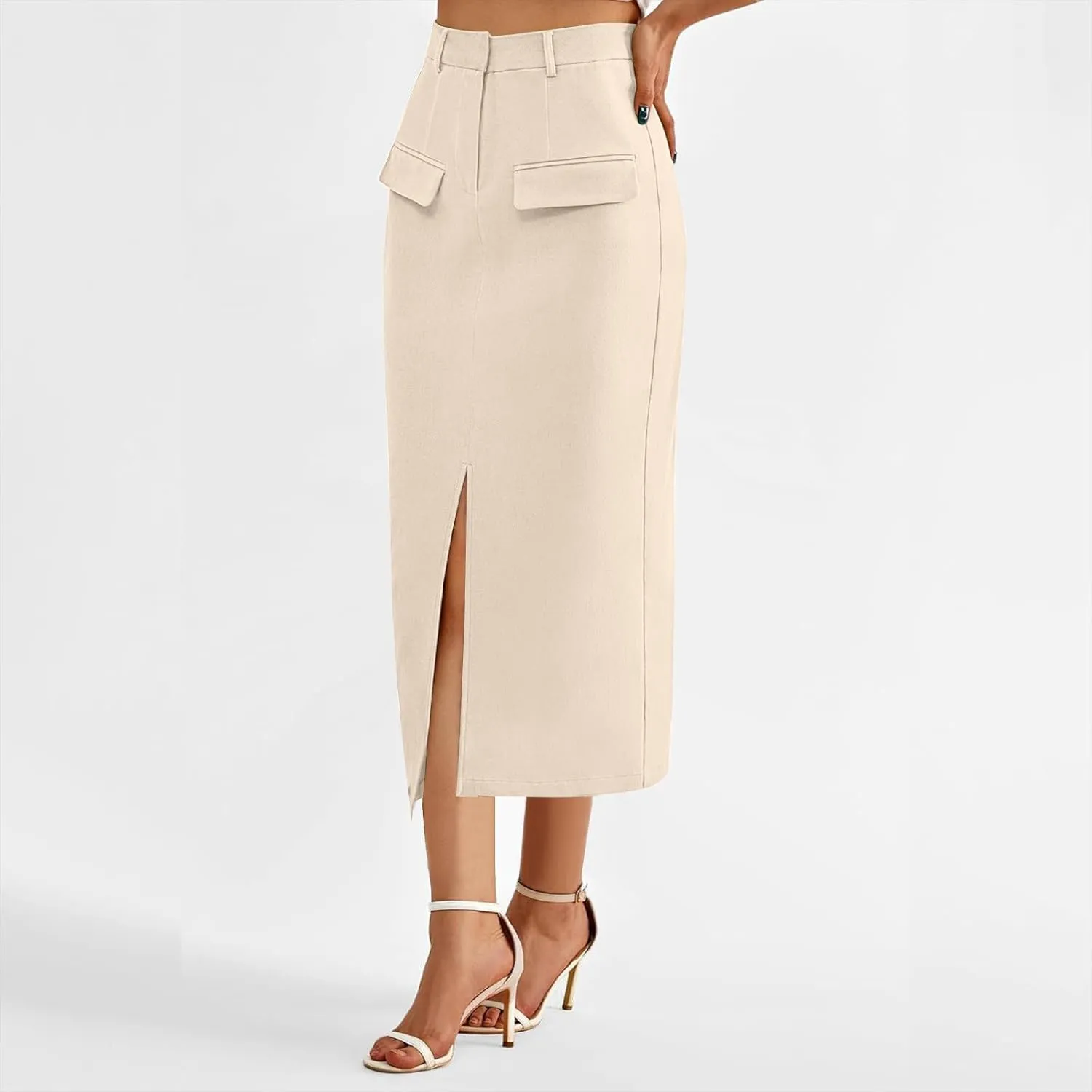 Women's Summer High Waist Split Warp A Line Dressy Long Skirts Trendy Business Work Pencil Midi Skirt with Pockets